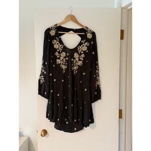 Free People Black Embroidered Boho Dress ✨ Flowy Peasant Mini w/ Pockets